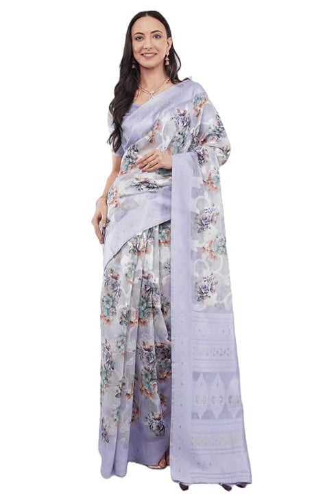 Vasthrlay Purple Floral Semi Sheer Chanderi Saree With Champagne Gold Zari Pallu And Unstitched Blouse Piece