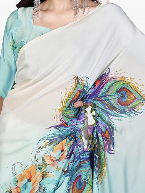 Vasthrlay Printed Kaftan Freehand Light Blue Women's Satin Saree With Unstitched Blouse Piece