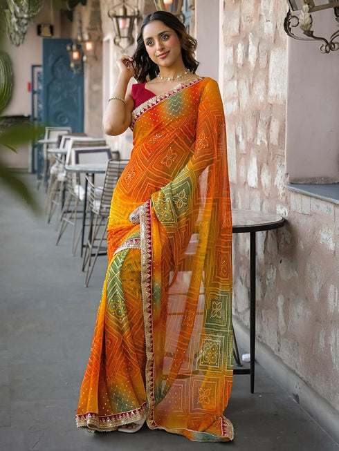 Vasthrlay Bandhani Embroidery Yellow Saree