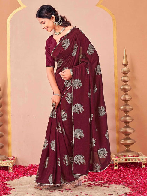 Vasthrlay Vichitra Printed Unstitched Rani Pink Saree