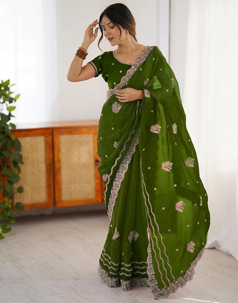 Vasthrlay Scalloped Embroidery Unstitched Lime Green Saree