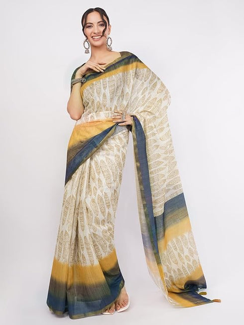 Vasthrlay Beige Daisy Floral Prints Linen Saree With Zari Border And Unstitched Blouse Piece