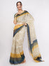 Vasthrlay Beige Daisy Floral Prints Linen Saree With Zari Border And Unstitched Blouse Piece