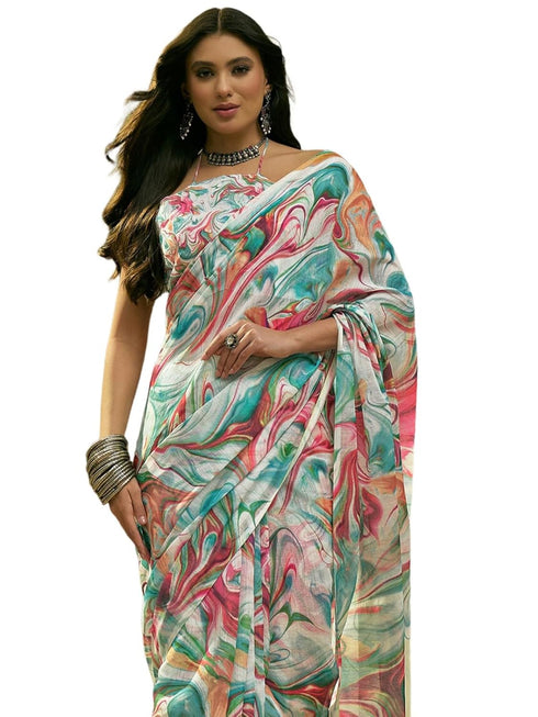 Vasthrlay Womens Printed Unstitched Beige Saree