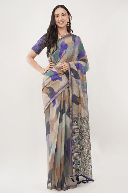 Vasthrlay Off White1 Paisley Printed Linen Saree With Unstitched Blouse Piece