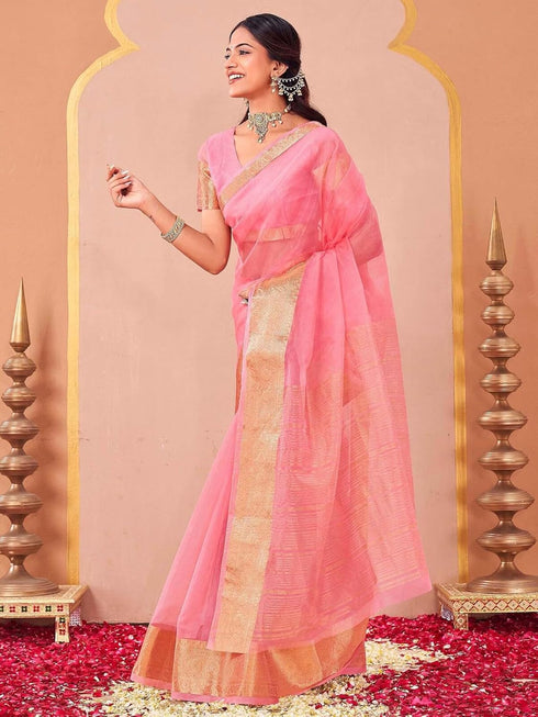 Vasthrlay Organza Jacquard Unstitched Light Green Saree