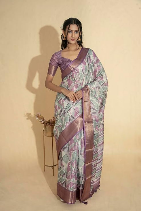 Vasthrlay Pink Geometric Print Polyester Saree With Dull Gold Zari Border And Unstitched Blouse Piece