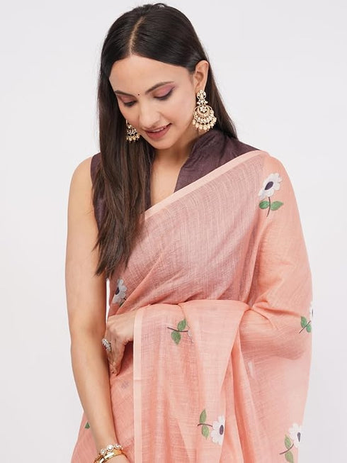 Vasthrlay Peach Womens Printed Linen Saree With Unstitched Blouse Piece