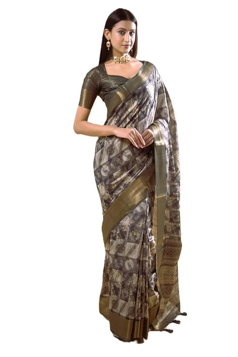 Vasthrlay Slate Grey Patchwork Print Polyester Saree With Zari Border And Unstitched Blouse Piece