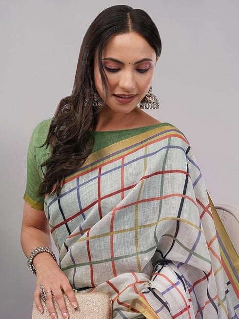 Vasthrlay Womens White Checkered Printed Linen Saree With Green Solid Linen Unstitched Blouse Piece Featuring Multicolor Thin Line Plaid Pattern And Zari Border