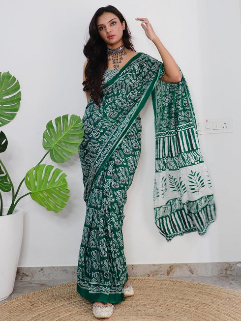 Vasthrlay Chanderi Bandhani Green Saree With Unstitched Blouse Piece