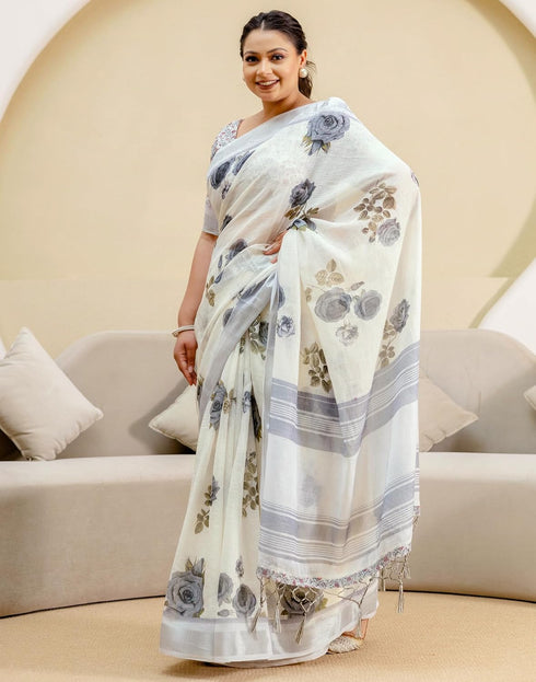 Vasthrlay Womens Printed Unstitched Off White Saree