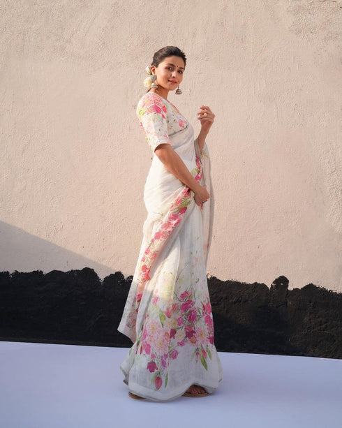 Vasthrlay Printed Special Unstitched Size White Ethnic Wear