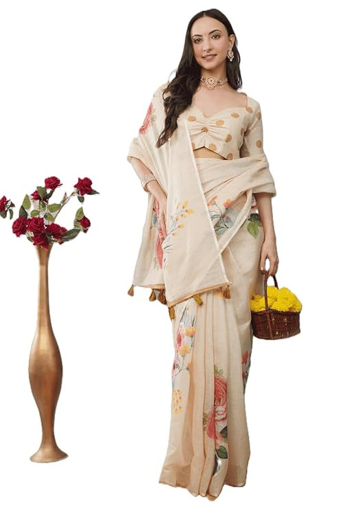 Vasthrlay Off White2 Rose Botanical Printed Linen Saree With Self Woven Border And Unstitched Blouse Piece
