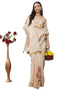 Vasthrlay Off White2 Womens Rose Botanical Printed Linen Saree With Self Woven Border And Unstitched Blouse Piece