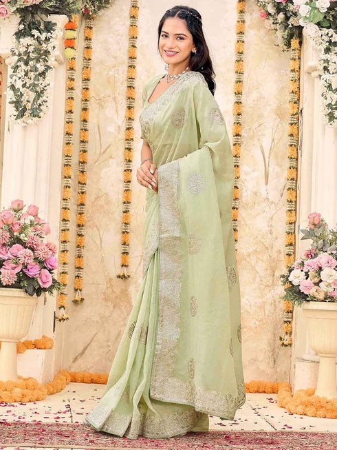 Vasthrlay Shimmer Embroidery Sky Saree