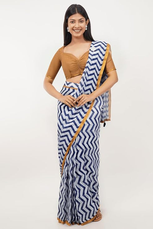 Vasthrlay Blue White Striped| Floral| Solid Print Design Linen Saree With Solid Unstitched Linen Blouse Piece