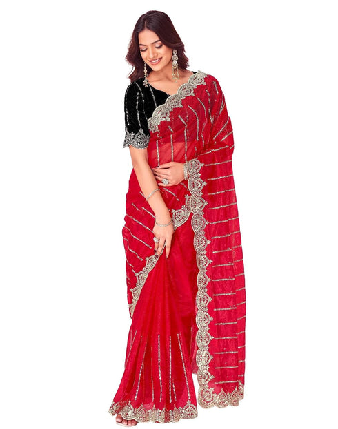 Vasthrlay Embroidery Scalloped Red Saree With Black Unstitched Blouse Piece