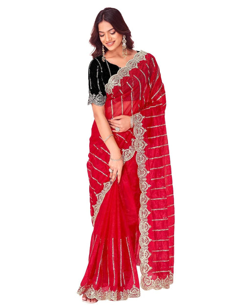 Vasthrlay Embroidery Scalloped Unstitched Red Saree