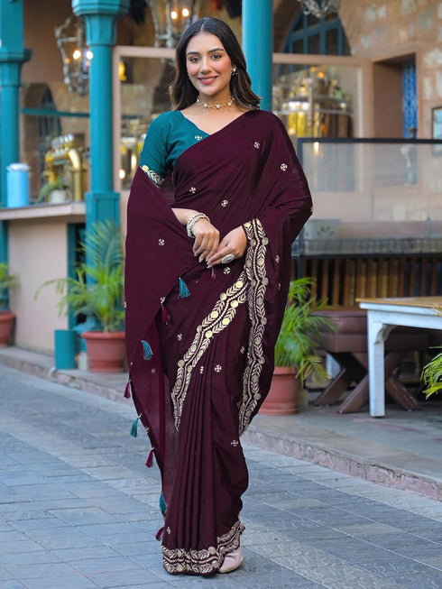 Vasthrlay Chinnon Embroidery Lime Saree