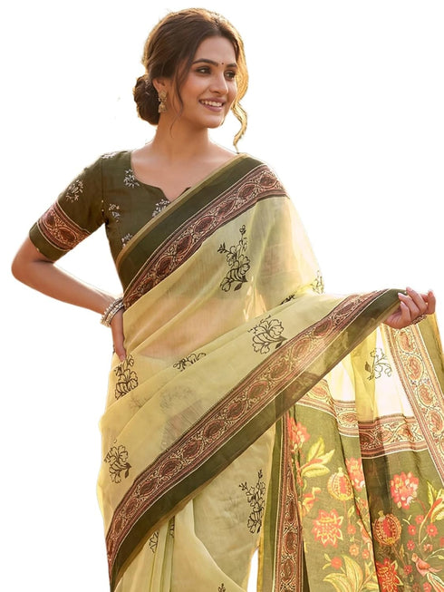 Vasthrlay Printed Lemon Yellow1 Yellow Saree