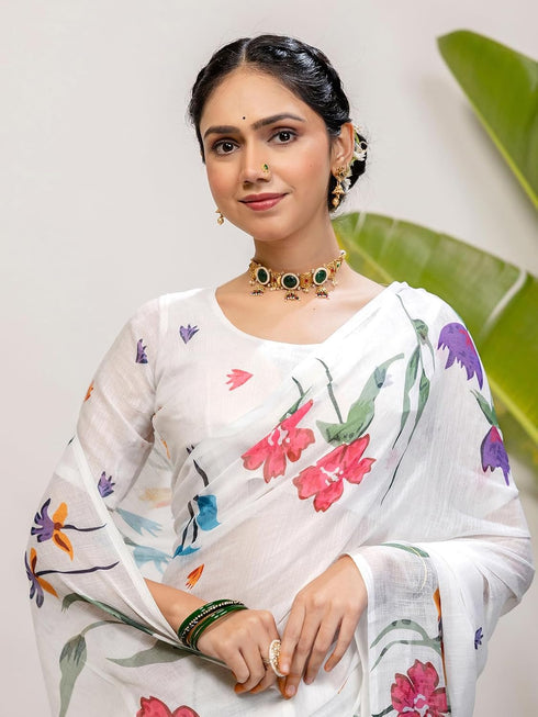 Vasthrlay Printed White1 White Saree