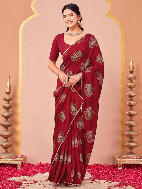 Vasthrlay Vichitra Printed Unstitched Maroon Saree