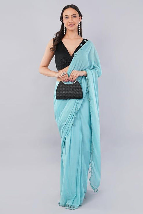 Vasthrlay Womens Turquoise Blue Cotton Ready To Wear Saree