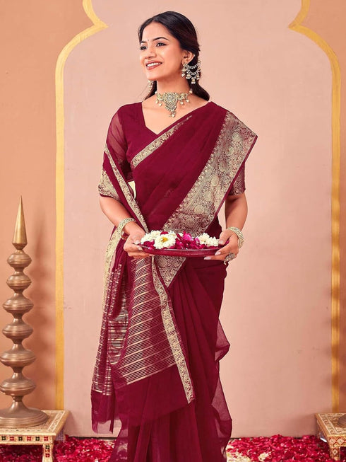 Vasthrlay Organza Jacquard Unstitched Light Green Saree