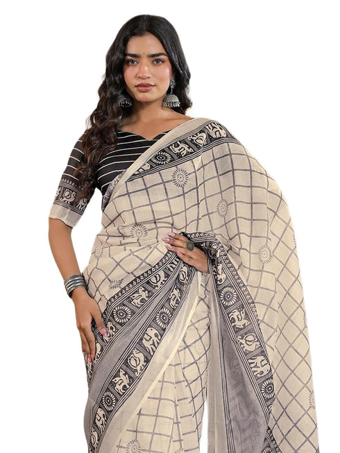Vasthrlay Womens Printed Unstitched Beige Saree
