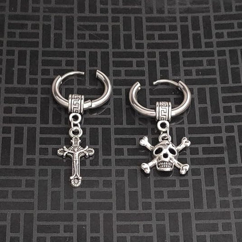 M Men Style Gothic Skeleton Head Cross Titanium Steel Silver Stainless Hoop Earrings