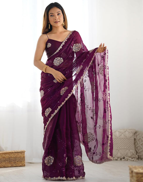Vasthrlay Sequence Embroidery Unstitched Red Saree
