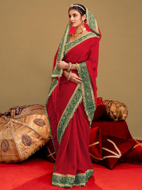 Vasthrlay Vichitra Embroidery Unstitched Red Saree