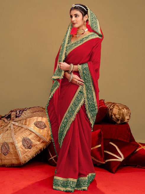 Vasthrlay Vichitra Embroidery Red Saree With Green Unstitched Blouse Piece
