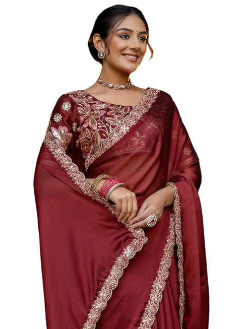 Vasthrlay Sequins Embroidery Unstitched Maroon Saree