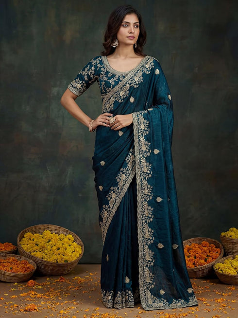 Vasthrlay Scalloped Embroidery Unstitched Dark Green Saree