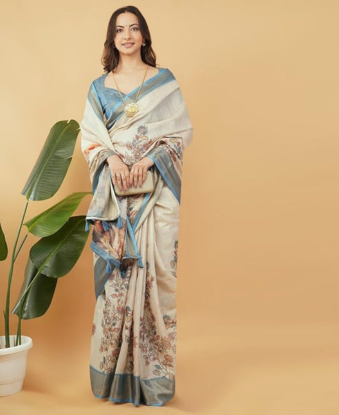 Vasthrlay Cream Dusty Blue Textured Polyester Saree With Kalamkari Floral Border And Ruched Unstitched Blouse Piece