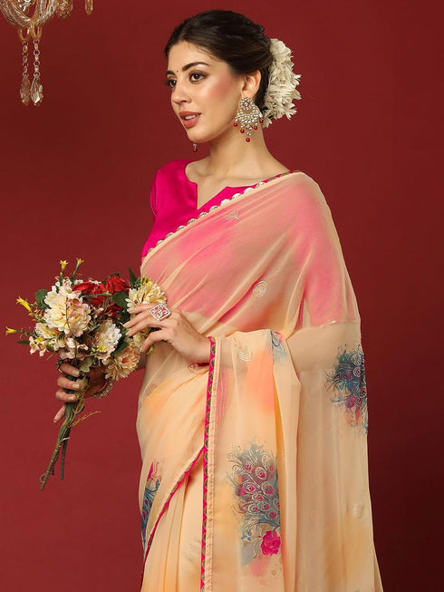 Vasthrlay Georgette Printed Unstitched Maroon Saree
