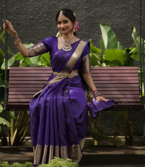 Vasthrlay Royal Purple Banarasi Silk Saree with Gold Zari Checked Weave| Rich Woven Border