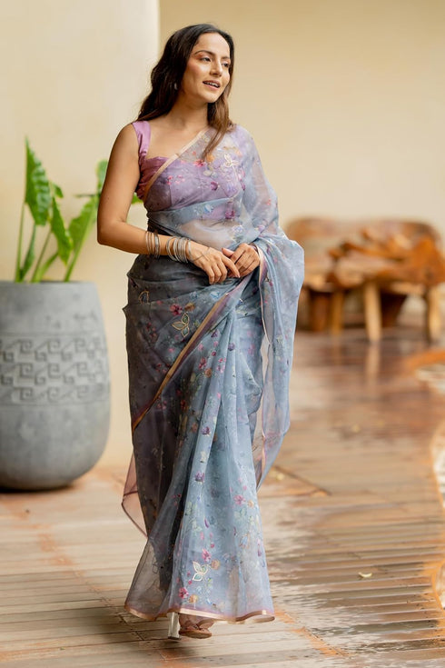 Vasthrlay Fashion Organza Printed White Ethnic Wear