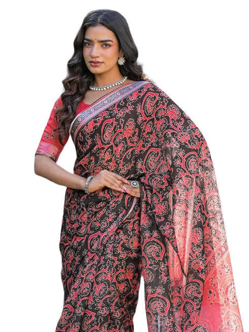 Vasthrlay Womens Printed Unstitched Dark Green Saree