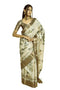 Vasthrlay Off White Abstract Print Polyester Saree With Antique Zari Border And Unstitched Blouse Piece