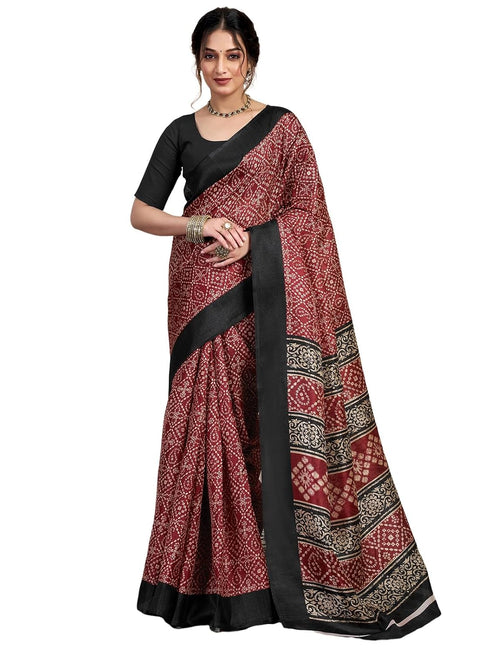 Vasthrlay Bandhani Printed Maroon Saree With Unstitched Blouse Piece