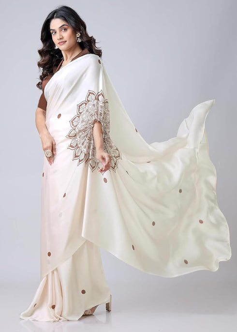 Vasthrlay Printed Kaftan Freehand Cream Soft Satin Saree