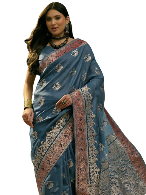 Vasthrlay Banarasi Weaving Unstitched Teal Saree