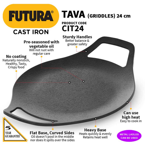 Hawkins Futura 24 cm Cast Iron Tava Cast Iron Tawa for Roti