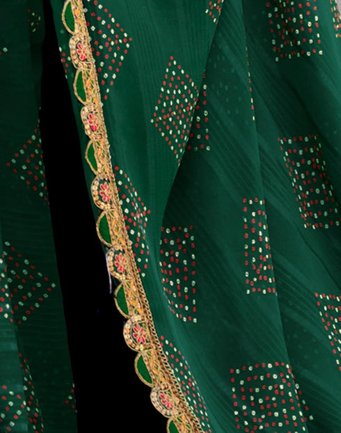 Vasthrlay Bandhani Printed Georgette Sequence Lace Scalloped Border Dark Green Saree with Unstitched Blouse Piece