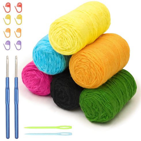 Crochet Kit for Beginners with Wool Yarn, Crochet Hooks, Stitch Markers & Needles