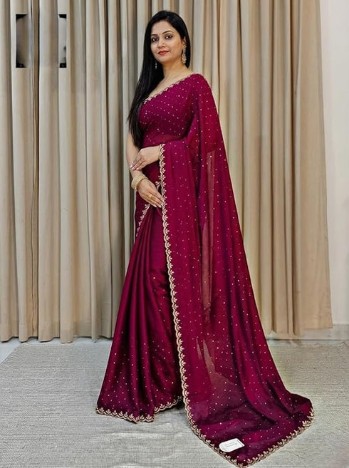 Vasthrlay Dailywear Maroon Georgette Stone Work Saree with Border | All-Over Stone Embellishments