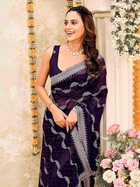 Vasthrlay Scalloped Embroidery Mustard Mustard Yellow Saree